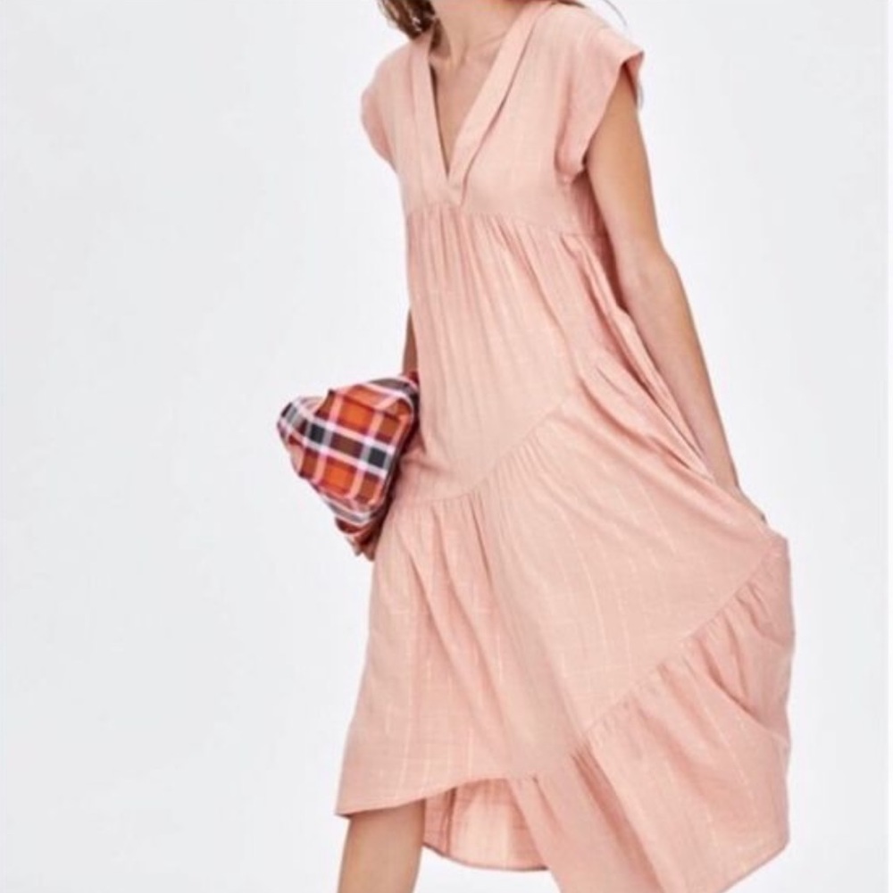 Zara asymmetric dress, pink with gold threading